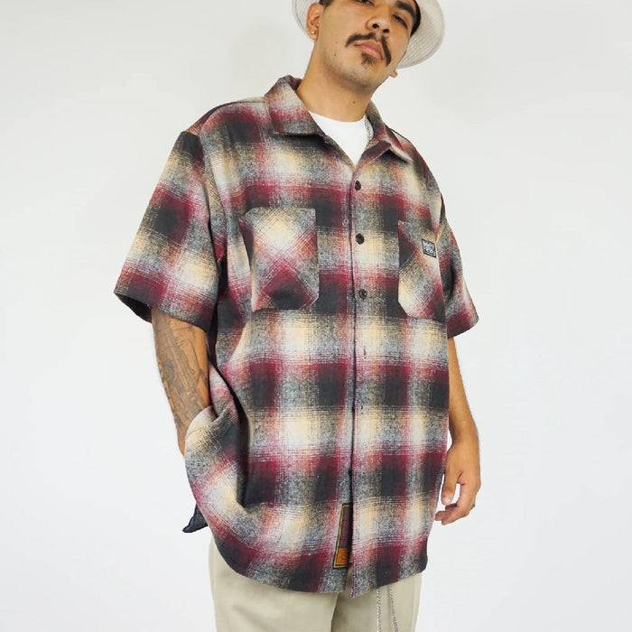 FB County burgundy, black and tan plaid flannel